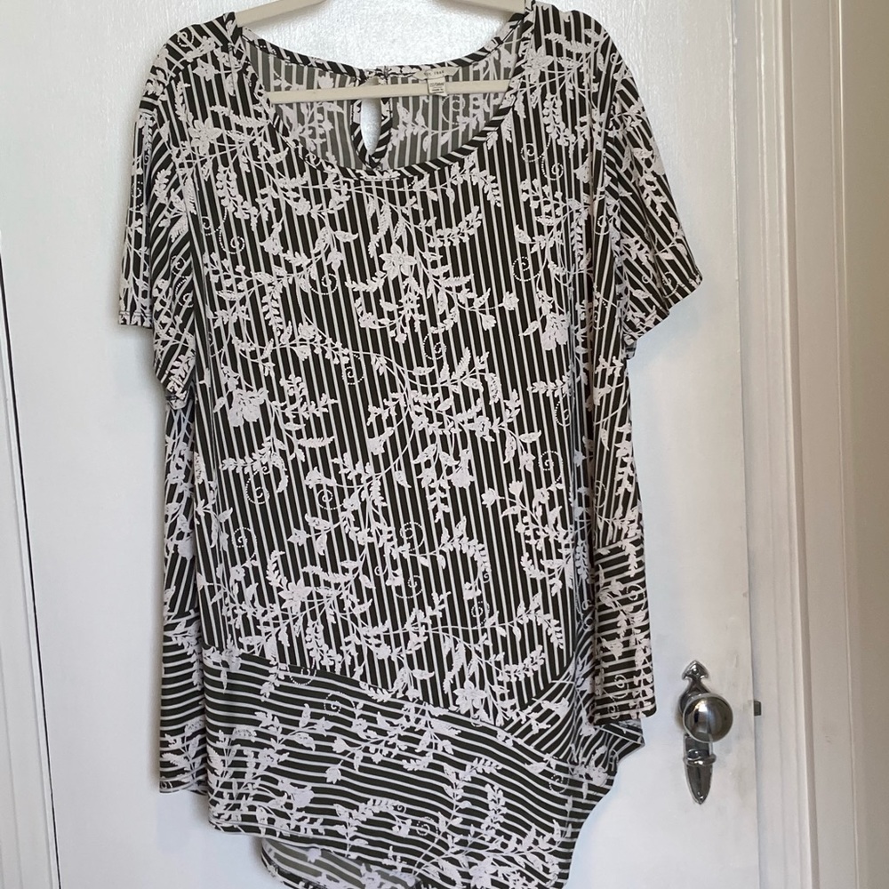 Olive Pinstripe Top w/ White Floral overlay print